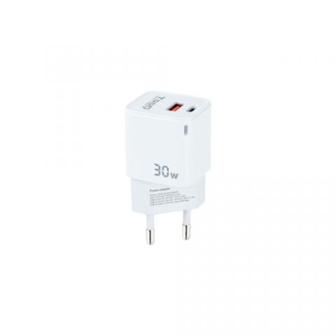 TooQ Cargador de Pared GaN USB-C/PD + USB-A/QC 30W