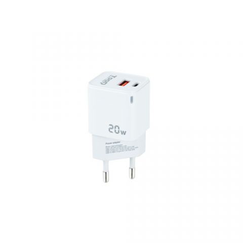 TooQ Cargador de Pared USB-C/PD + USB-A/QC 20W, Bl