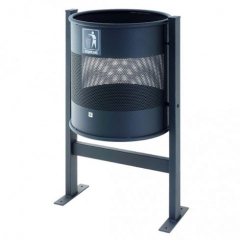 PAPELERA METALICA PERFORADA CON SOPORTE Y SISTEMA