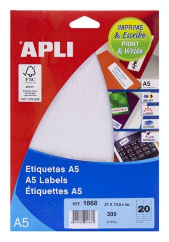 ETIQUETAS ADH.IMPR.APLI A5 BLANCA C.RECTOS BLISTER