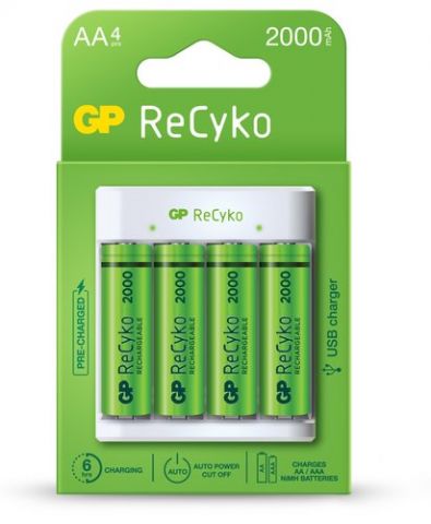 CARGADOR DE PILAS GP + 4 PILAS (2x AA 2100 Mah + 2