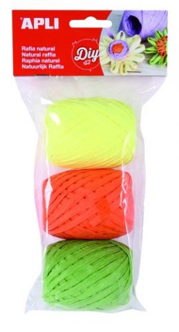 RAFIA APLI NATURAL 30 m COLORES FLUOR BOLSA de 3