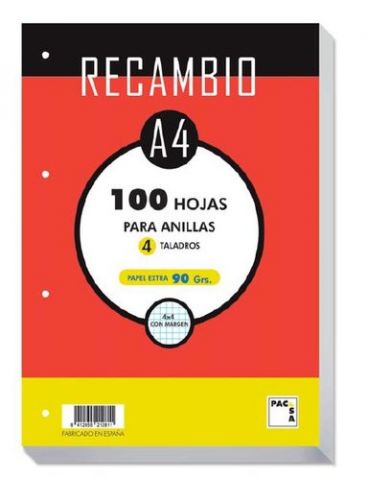 RECAMBIO PACSA A4 100h 90g 4 TALADROS CUADRIC.4x4