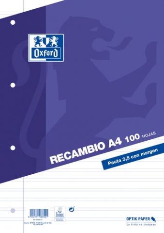 RECAMBIO OXFORD SCHOOL A4 100h 90gr 4 TALADROS PAU