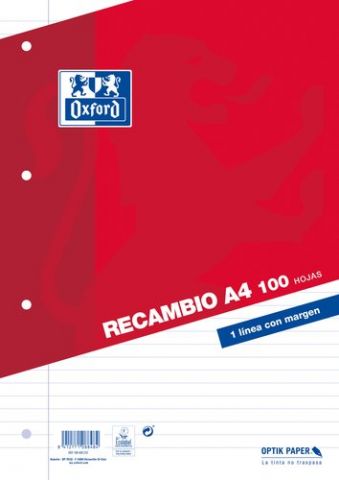 RECAMBIO OXFORD SCHOOL A4 100h 90gr 4 TALADROS HOR