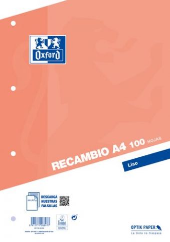 RECAMBIO OXFORD SCHOOL A4 100h 90gr 4 TALADROS LIS