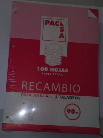 RECAMBIO PACSA A4 100h 90g 4 TALADROS PAUTA 2,5