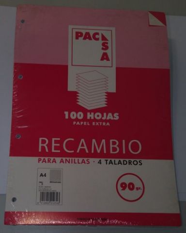 RECAMBIO PACSA A4 100h 90g 4 TALADROS MILIMETRADO