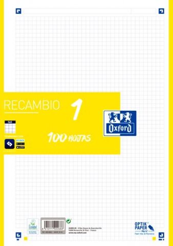 RECAMBIO OXFORD SCHOOL COLOR 1 A4 100h 90gr 4 TALA