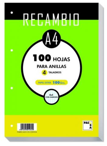 RECAMBIO PACSA A4 100h 100g 4 TALADROS CUADRIC.4x4