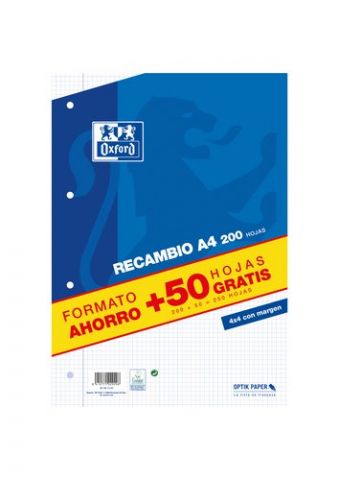 RECAMBIO OXFORD SCHOOL A4 250h (200+50) 90gr 4 TAL