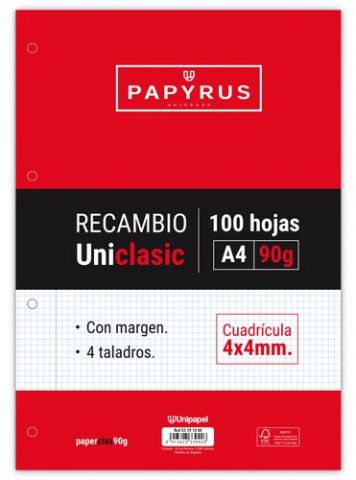 RECAMBIO PAPYRUS UNICLASIC A4 100h 90g 4 TALADROS