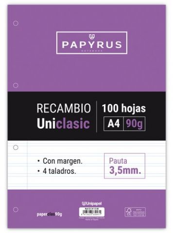 RECAMBIO PAPYRUS UNICLASIC A4 100h 90g 4 TALADROS