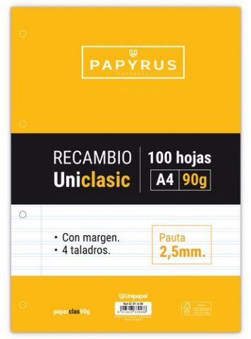 RECAMBIO PAPYRUS UNICLASIC A4 100h 90g 4 TALADROS