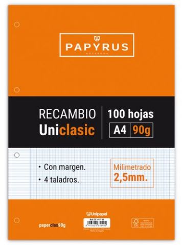 RECAMBIO PAPYRUS UNICLASIC A4 100h 90g 4 TALADROS
