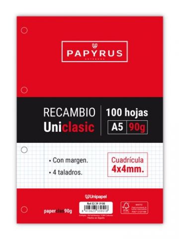 RECAMBIO PAPYRUS UNICLASIC A5 100h 90g 4 TALADROS