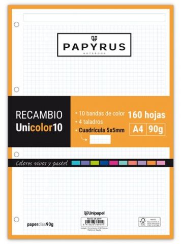 RECAMBIO PAPYRUS UNICOLOR10 A4 160h 90g 4 TALADROS