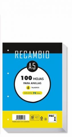 RECAMBIO PACSA A5 100h 70g 4 TALADROS CUADRICULA 4