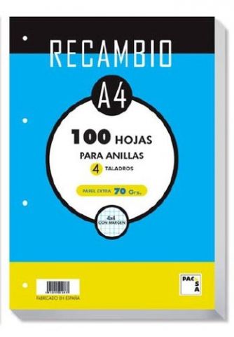 RECAMBIO PACSA A4 100h 70g 4 TALADROS CUADRIC.4x4
