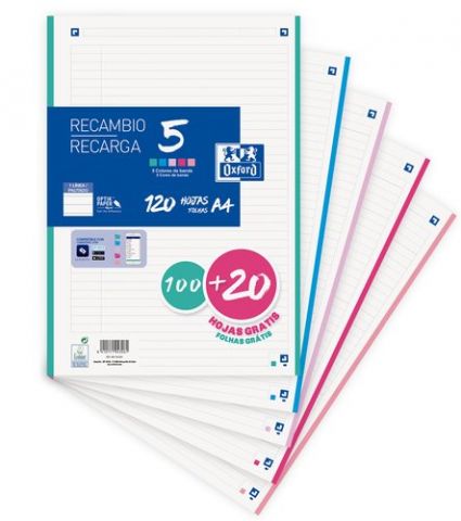 RECAMBIO OXFORD SCHOOL A4 120h (100+20) 90gr 4 TAL