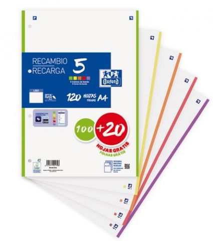RECAMBIO OXFORD SCHOOL A4 120h (100+20) 90gr 4 TAL
