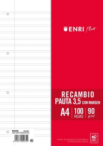 RECAMBIO ENRI PLUS A4 100h 90gr 4 TALADROS PAUTA 3