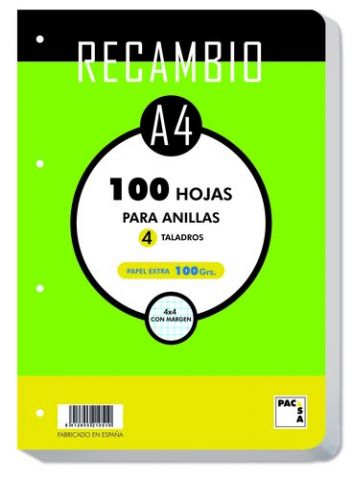 RECAMBIO PACSA A4 100h 100g 4 TALADROS CUADRIC.4x4