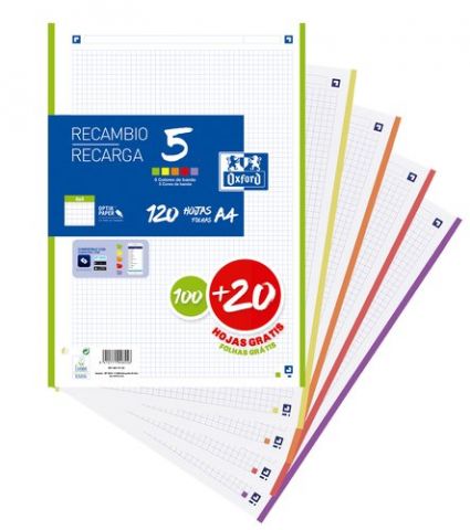 RECAMBIO OXFORD SCHOOL A4 120h (100+20) 90gr 4 TAL