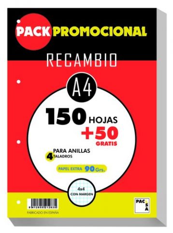 RECAMBIO PACSA A4 200h (150+50) 90gr 4 TALADROS CU