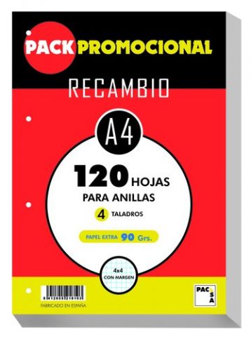 RECAMBIO PACSA A4 120h 90g 4 TALADROS CUADRIC.4x4