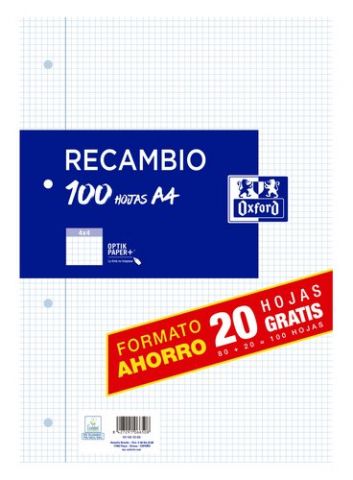 RECAMBIO OXFORD SCHOOL A4 100h (80+20)  4 TALADROS