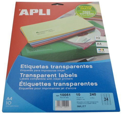 ETIQUETAS ADH.IMPR.APLI A4 POLYESTER TRANSP.BRILLO