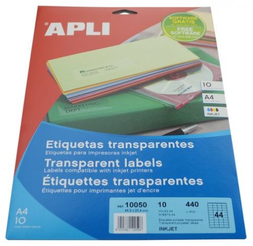 ETIQUETAS ADH.IMPR.APLI A4 POLYESTER TRANSP.BRILLO