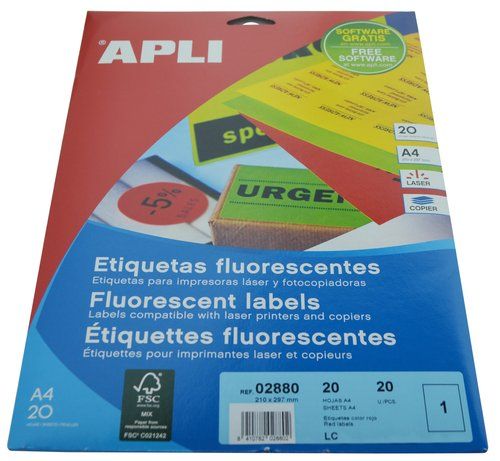 ETIQUETAS ADH.IMPR.APLI A4 FLUOR ROJO LS-CP C.RECT