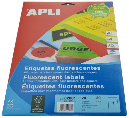 ETIQUETAS ADH.IMPR.APLI A4 FLUOR VERDE LS-CP C.REC