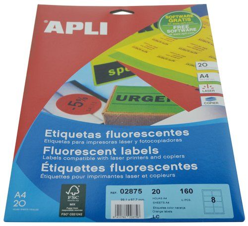 ETIQUETAS ADH.IMPR.APLI A4 FLUOR NARANJA LS-CP C.R