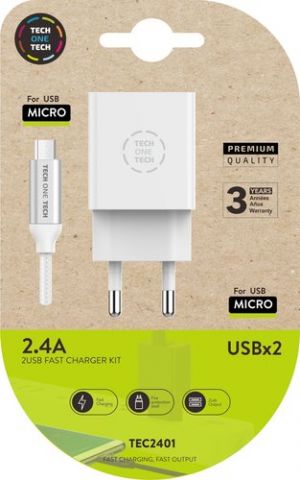 CARGADOR TECH-ONE-TECH DOBLE PARED BLANCO + CABLE