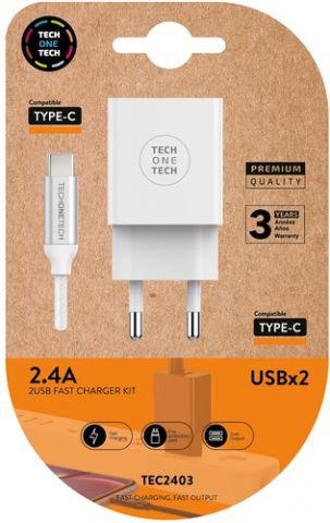 CARGADOR TECH-ONE-TECH DOBLE PARED BLANCO + CABLE