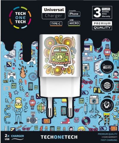 CARGADOR TECH-ONE-TECH DOBLE DE PARED 2xUSB GREEN