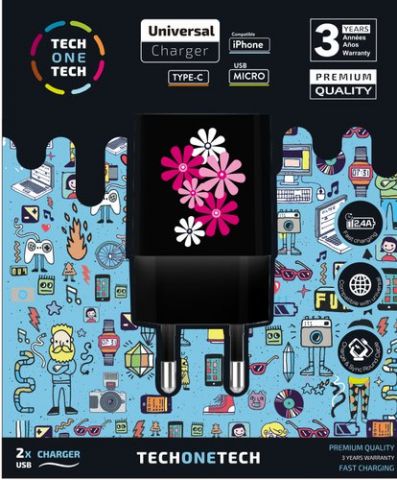 CARGADOR TECH-ONE-TECH DOBLE DE PARED 2xUSB BLACK