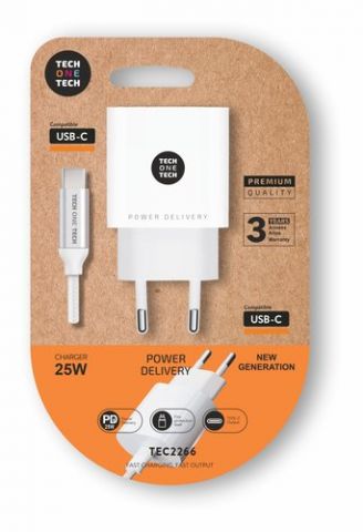 CARGADOR TECH-ONE-TECH PARED BLANCO + CABLE USB-C