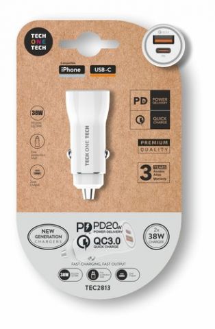 CARGADOR TECH-ONE-TECH DOBLE MECHERO COCHE USB-C +