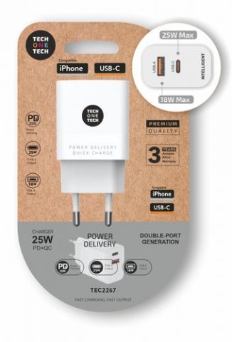 CARGADOR TECH-ONE-TECH PARED BLANCO USB-C/USB-A PD