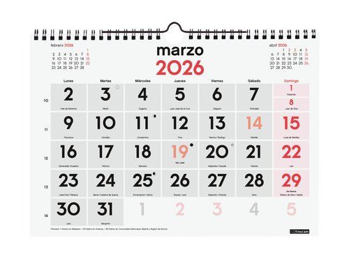CALENDARIO (2026) FINOCAM PARED MENSUAL NUMEROS GR