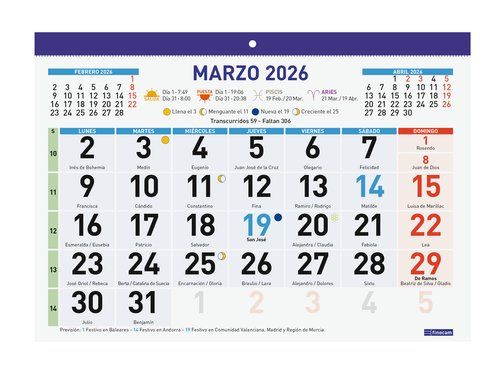CALENDARIO (2026) FINOCAM FALDILLA MENSUAL NUMEROS