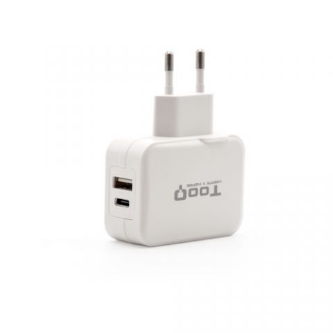 TooQ Cargador de Pared doble puerto USB-C + USB A,